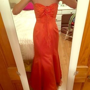 Strapless orange David’s Bridal prom evening gown